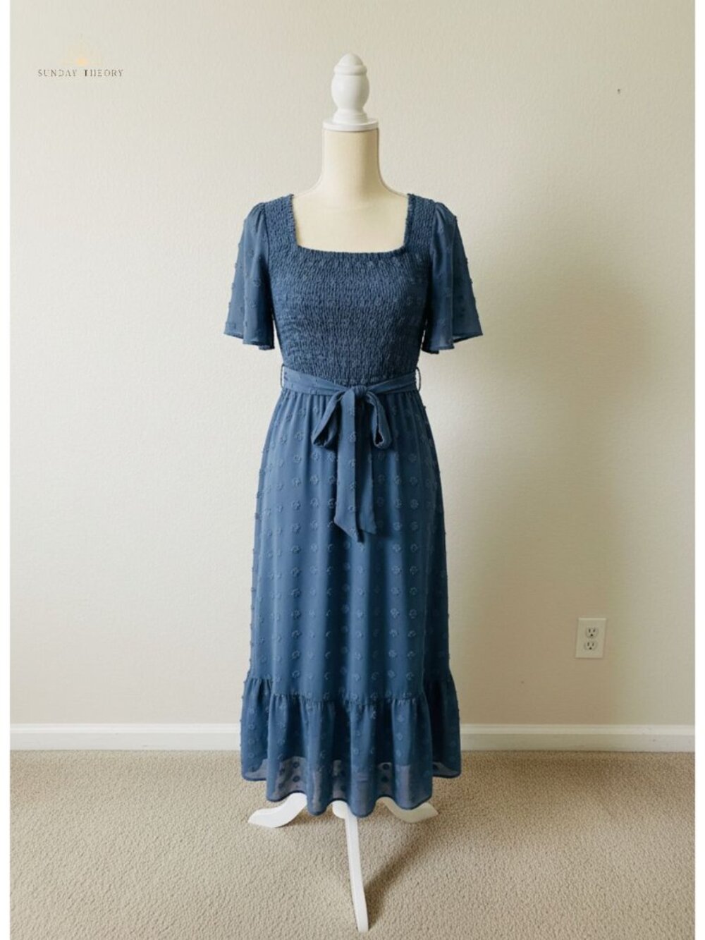 Boho Flowy Square Neck Floral Swiss Dot Midi Dress Smocked Women's A-Line